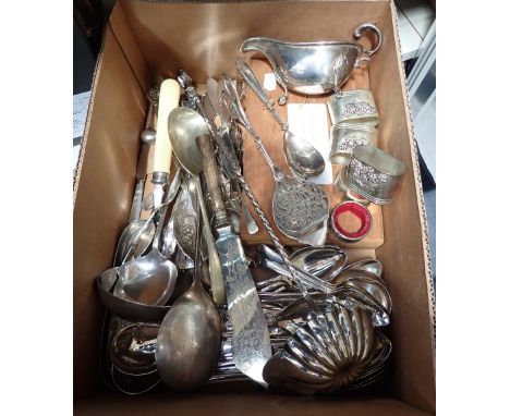 A QUANTITY OF ASSORTED SILVER PLATED FLATWARE, INCLUDING IVORY HANDLED FRUIT KNIVES AND FORKS, A TWIST STEM PUNCH LADLE, ETC