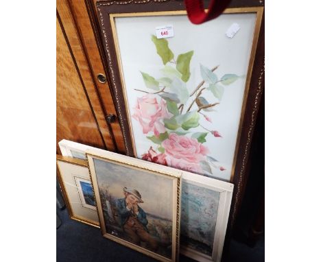 A VICTORIAN WATERCOLOUR DEPICTING A BOY PLAYING A JEW'S HARP, signed D.H., a Victorian painting on glass of roses and other p