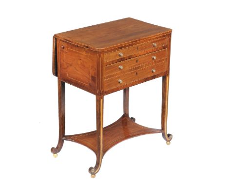 Ω A Regency rosewood and satinwood banded work/writing table , circa 1815, the rectangular top with a hinged rear leaf above 