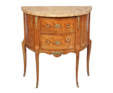  A French parquetry petite commode  , circa 1900, the rhubarb and custard marble above two drawers and cabriole legs, 71cm hi