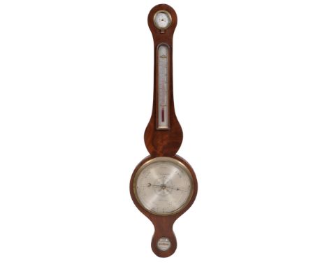  A flame mahogany wheel barometer, L. Caminada,   19th century, with dry/damp dial above silvered thermometer dial and 8inch 