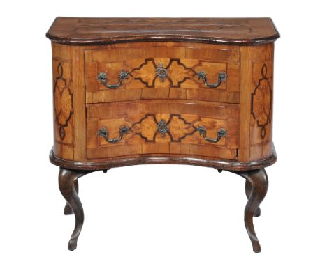  A South German walnut, burr walnut  and parquetry commode  , mid 18th century, of inverted serpentine outline, on cabriole l