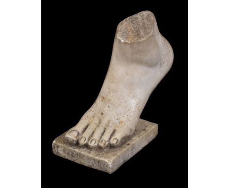  A sculpted white marble model of a foot,   19th century, truncated above the ankle, on a rectangular base, 25cm high, 25cm l