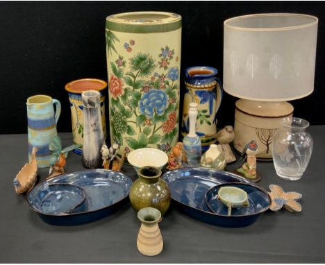 A Denby pottery Savoy pattern table lamp with original leafy shade, 42.5cm high overall,  two oval blue two section bowls,  P