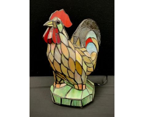 A Tiffany style leaded stained glass table lamp, as a cockerel, 36cm high 