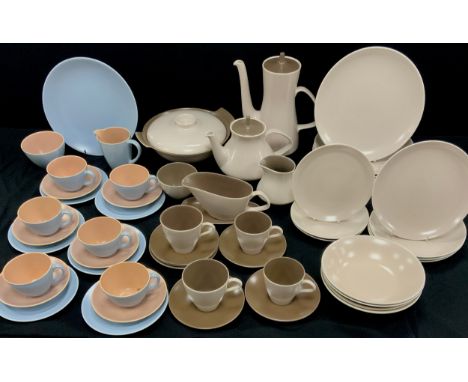 A Poole ‘Mushroom and sepia’ pattern part table service for six including; a tea pot, coffee pot, milk jug, sugar bowl, six d