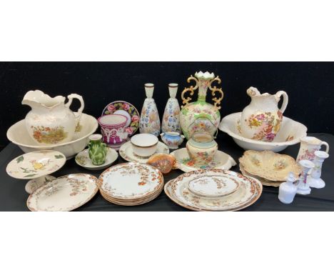 Late Victorian ceramics including; floral print wash bowl and jug, 33cm high, another similar, pair of hand painted Victorian