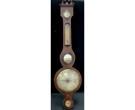 A 19th century mahogany wheel barometer/thermometer, silvered dial and scales, the level inscribed A. Vannini, Sheffield, c.1