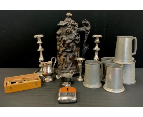 A pair of 19th century silver plated candlesticks, weighted base,  25.5cm high,  pewter tankards, hip flask, students traveli