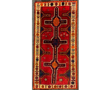 A South West Persian Lori Rug / carpet, hand-knotted in rich tones of red, deep blue, orange, cream, and black, with abstract