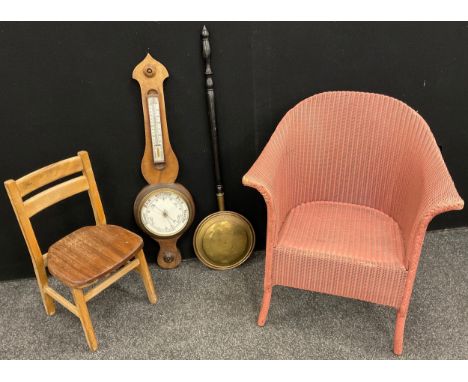 A Lloyd loom Lusty pink armchair,  Childs Chair,  19th century aneroid barometer thermometer, white registers,  warming pan (