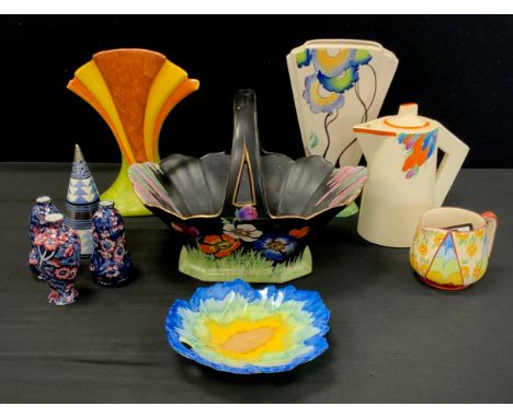 A Wilkinson pottery Clarice Cliff design Crocus pattern coffee pot,  Moorland Chelsea Stain Trail conical sugar castor, Fredr