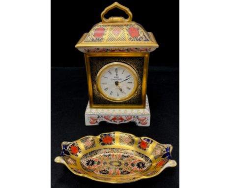 Royal Crown Derby 1128 pattern ‘Old Imari’ carriage clock, 18cm high, 1128 trinket dish, 14cm long (2) 