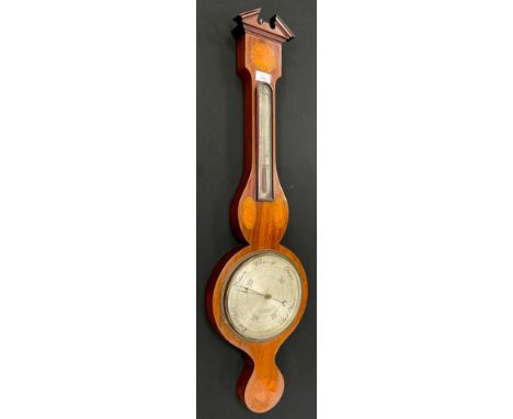 A 19th century A W Webb Chesterfield inlaid mahogany wheel barometer, silvered scale and register, shell and fan patera panel