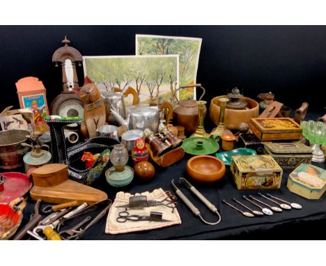 Boxes and objects - Treen including bowls, sycamore trinket boxes, inkwell; a pair of brass candlesticks, 19th century binocu