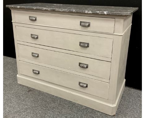 A painted pine commode chest of drawers, grey fossil stone top with canted corners to front, four long drawers, 90cm high x 1