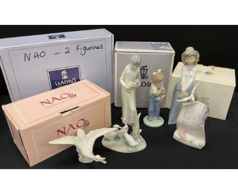 Lladro including geese figure group, 11cm high, flying goose, 16cm long; Nao figure of girl, 19cm high, mother and child, 24c