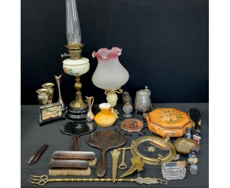 Boxes and Objects - hand painted milk glass reservoir oil lamp, 42cm high, Victorian dressing table set, brass ware; etc 