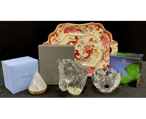 A Waterford crystal horse bust paperweight, 14cm high, Wedgwood Bayeux box, stamped silver, 9cm high, Royal Copenhagen lotus 