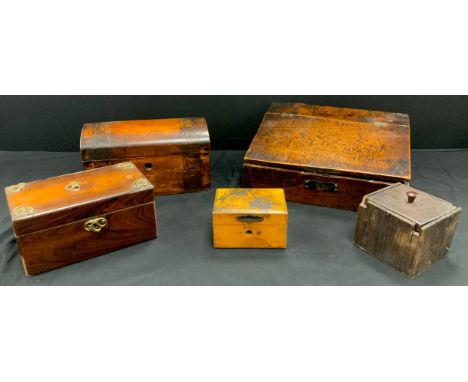 19th century writing slope, 34cm long, a Victorian marquetry inlaid tea caddy, fitted interior, conforming bowl, others (5) 