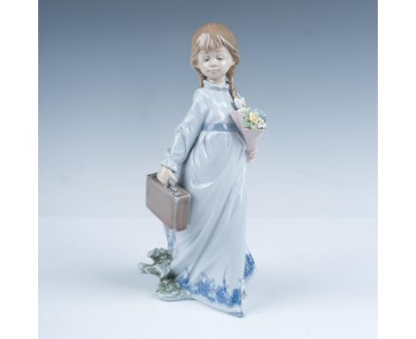1988 Collectors Society piece. Adorable depiction of a young girl dressed in blue carrying a briefcase and a bouquet of blue,