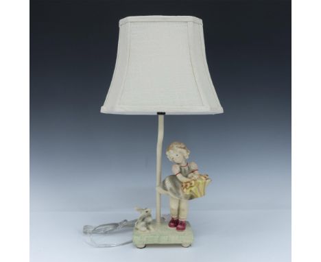 Beautiful glazed porcelain figural lamp, depicting a little girl with a basket alongside a bunny. Completed by a screen lamp 