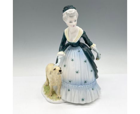 Part of the Classic Elegance series, figure is posed with her dog dressed in lovely blue dress with green overcoat accented w