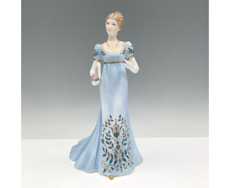 Lovely figure dressed in blue dress adorned with darker vine design with gilt edges, holding a fan. Royal Worcester backstamp