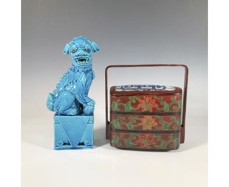 This decorative two-piece collection features a wooden tiffin/lunch box with a rich maroon lacquer, hand-carved and painted f