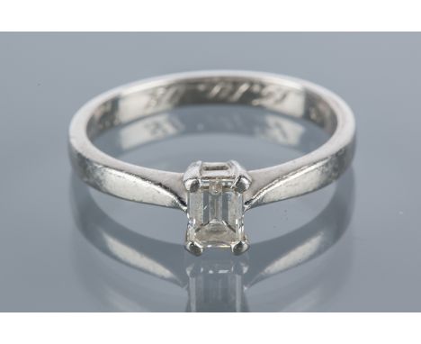 CERTIFICATED DIAMOND SOLITAIRE RING
the emerald cut diamond approximately 0.44 carats, in platinum, sizeJ-K, GIA Diamond Doss