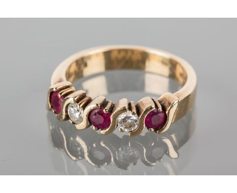 RUBY AND DIAMOND FIVE STONE RING
set with three rubies and two diamonds, in nine carat gold size P
