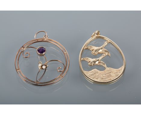 EDWARDIAN AMETHYST AND SEED PEARL PENDANT
of circular form, with floral motif, unmarked; along with a nine carat gold bird mo