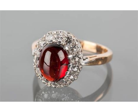 EARLY TWENTIETH CENTURY GEM SET CLUSTER RING
the central red cabochon paste surrounded by white gems, in nine carat gold, siz