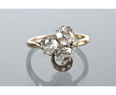 EARLY TWENTIETH CENTURY DIAMOND SET CLOVER MOTIF RING
set with three old cut diamonds of approximately 0.60 carats, the stem 
