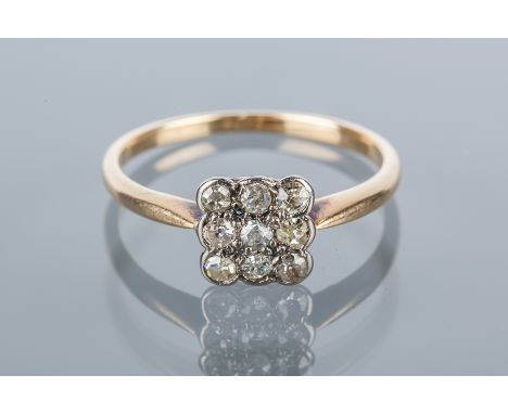 SQUARE DIAMOND CLUSTER RING
set with nine old cut diamonds, unmarked, size K-L