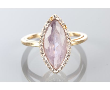 AMETHYST AND DIAMOND RING
the central marquise cut amethyst surrounded by diamonds, unmarked, tests as eighteen carat gold, s