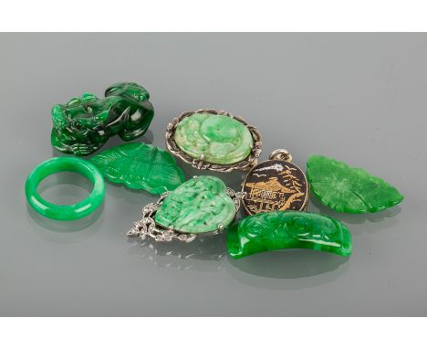 COLLECTION OF JADE JEWELLERY
including a ring, various carved pieces, two silver mounted clips along with a decorative silver
