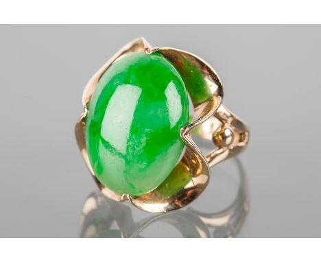 CERTIFICATED JADEITE DRESS RING
the oval cabochon cut jadeite stone with certificate stating no evidence of treatment, in a f