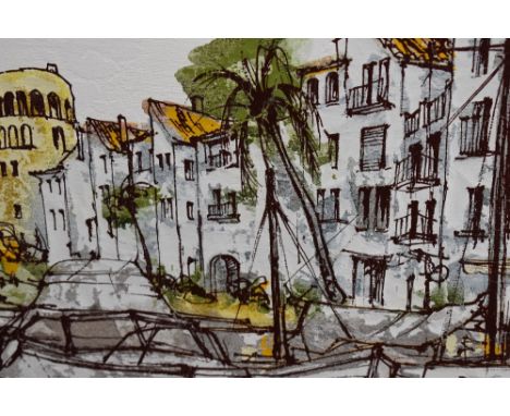 Bernard Dufour, (1922-2016), after, a texured print, harbour scene, signed, 37 x 45cm, canvas mount framed and glazed, 43 x 5