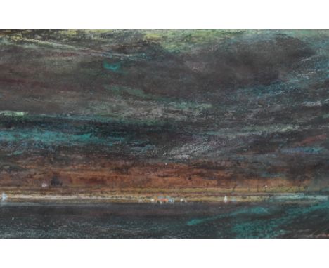 Tiana Marie, (contemporary), a mixed media painting, Through Shade, elemental coastal landscape, signed, 13 x 19, mounted fra