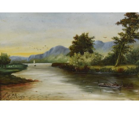 M C, (20th century), an oil painting, river scene, initialled and dated 1914, 15 x 21cm, fancy gilt plaster framed