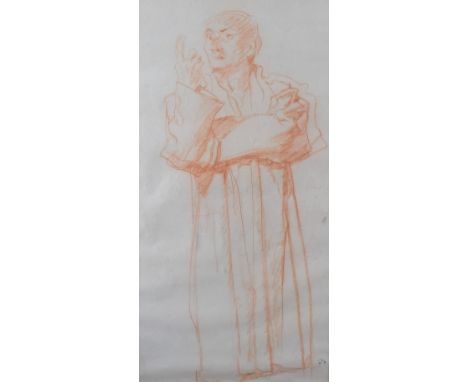 A continental 19th century red chalk study, depicting a standing robed gentleman in thoughtful pose, marked in pencil to base