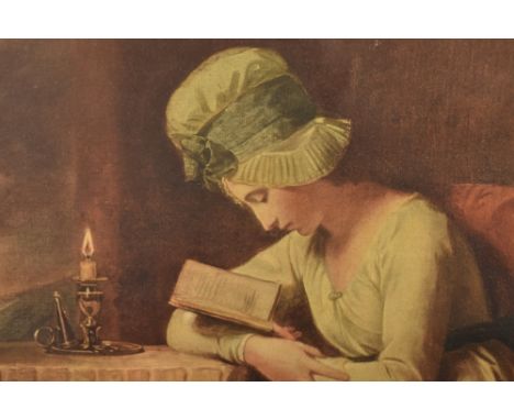 George Romney, (1734-1802), after, a print, Serena/Emma Hart reading, 47 x 36cm, gilt plaster edge framed and glazed, 57 x 49