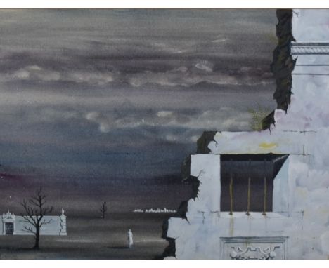 Tom Mellor (Local 1914-1994) watercolours, The Sleep Walker, surrealist architectural landscape with lone figure, monogram lo