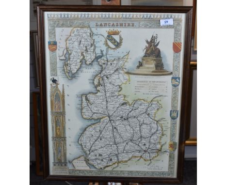 After Thomas Moule (1784-1851) A modern reproduction coloured print of Lancashire, framed and glazed 53cm x 43cm overall