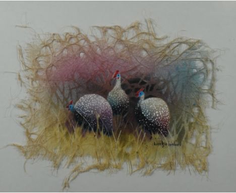 Liekkie Lambert (South African contemporary), a mixed media painting depicting Guinea Fowl amongst foliage, signed lower righ