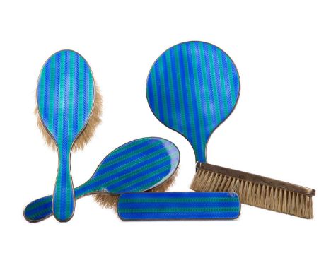 ART DECO GEORGE V SILVER AND GUILLOCHE ENAMEL FIVE PIECE DRESSING SET,with differing maker's marks, with one for Henry Atkins