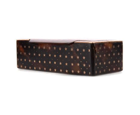 VICTORIAN TORTOISESHELL AND YELLOW METAL PIQUE WORK SNUFF BOX,of rectangular form, inlaid and bright cut with star motifs, 9.
