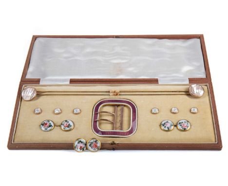 LATE 19TH/EARLY 20TH CENTURY LADY'S DRESS SET,comprising gilt metal and guilloche enamel buckle, a pair of gilt metal and mot