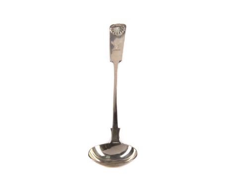 WILLIAM IV SILVER TODDY LADLE,maker Peter Grierson, Edinburgh 1837, fiddle and shell pattern with stag's head crest engraved 
